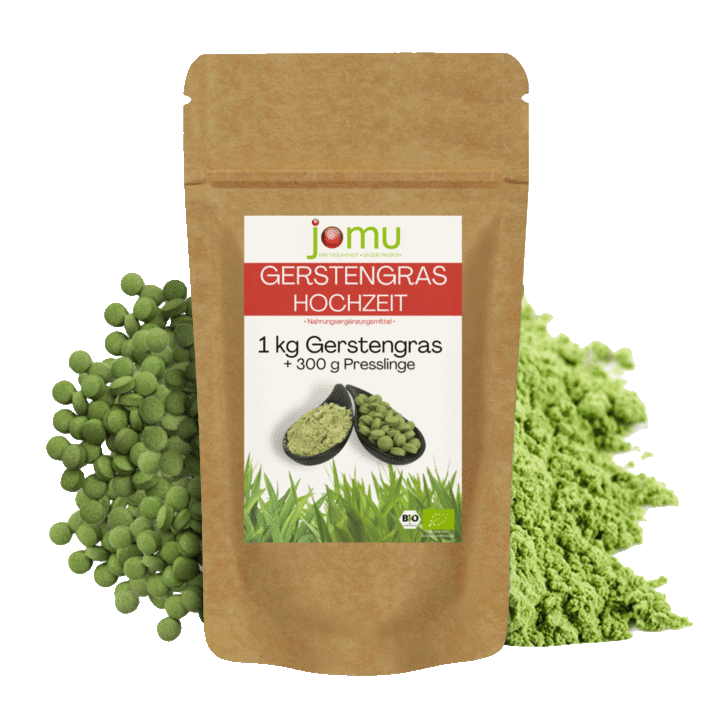 jomu® Bio Gerstengras Kombi-Paket 1kg Pulver + 300g Presslinge